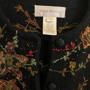 Susan Bristol Black sweater Jacket with Floral Embroidery